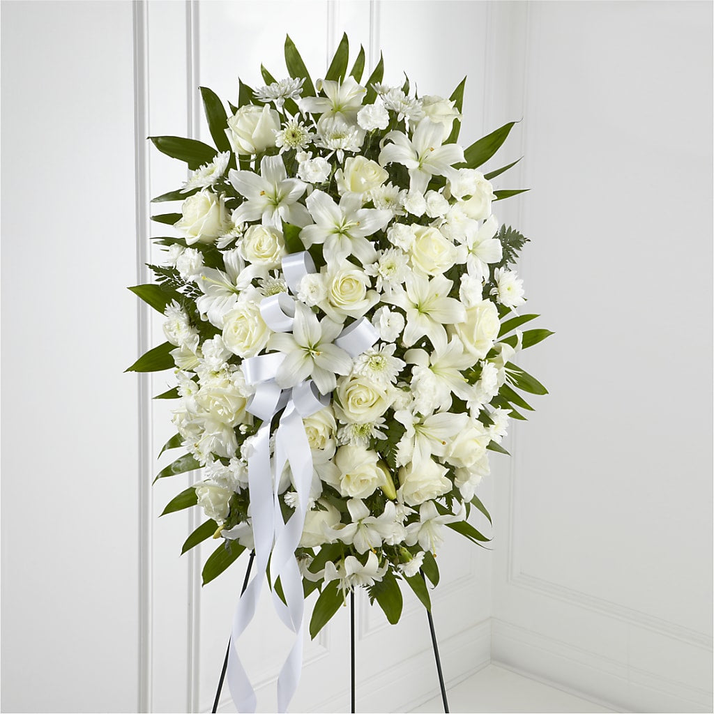 Exquisite Tribute Standing Spray-White Ribbon – Flower House Iii, Spring Hill FL