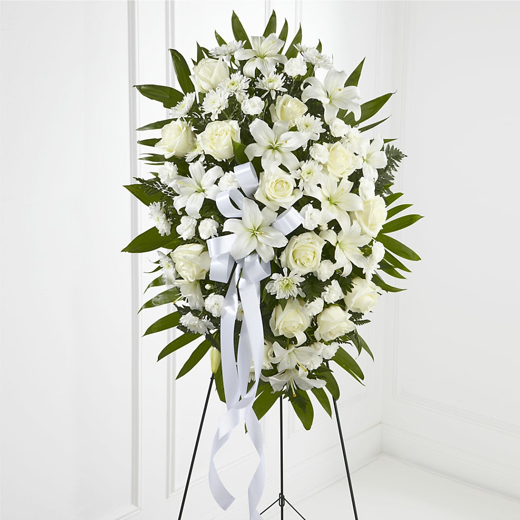 Exquisite Tribute Standing Spray-White Ribbon – Flower House Iii, Spring Hill FL